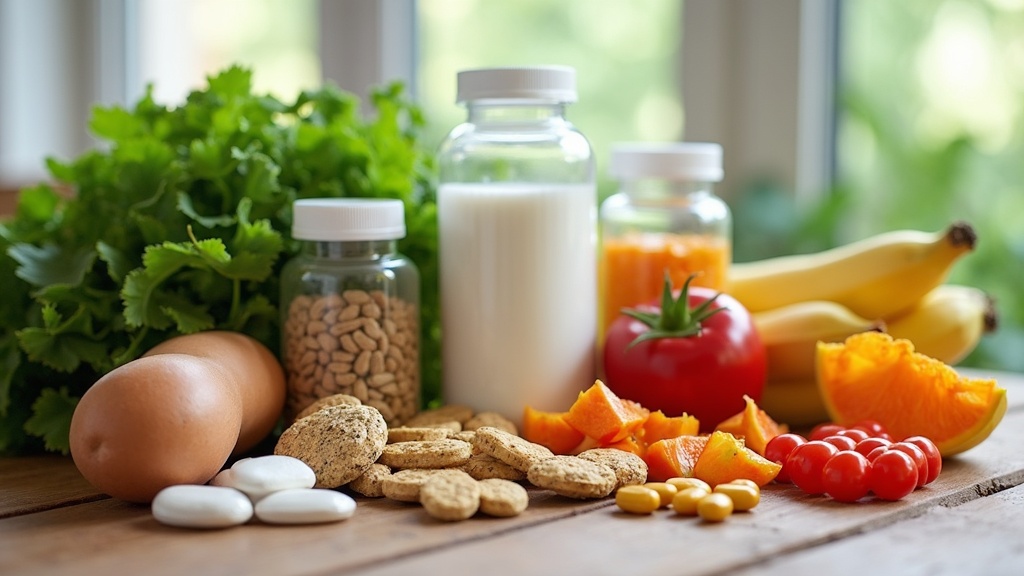 Selection of health supplements and nutritious foods on a wooden table